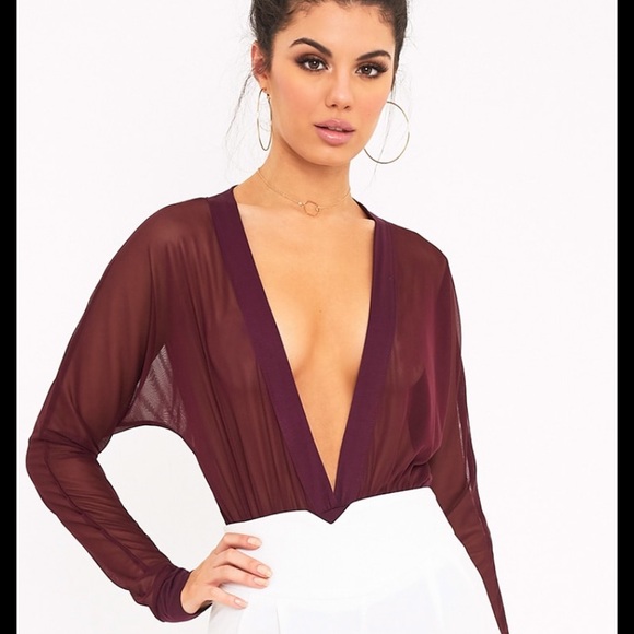 PrettyLittleThing Tops - PrettyLittleThing Wine Mesh Plunge Thong Bodysuit